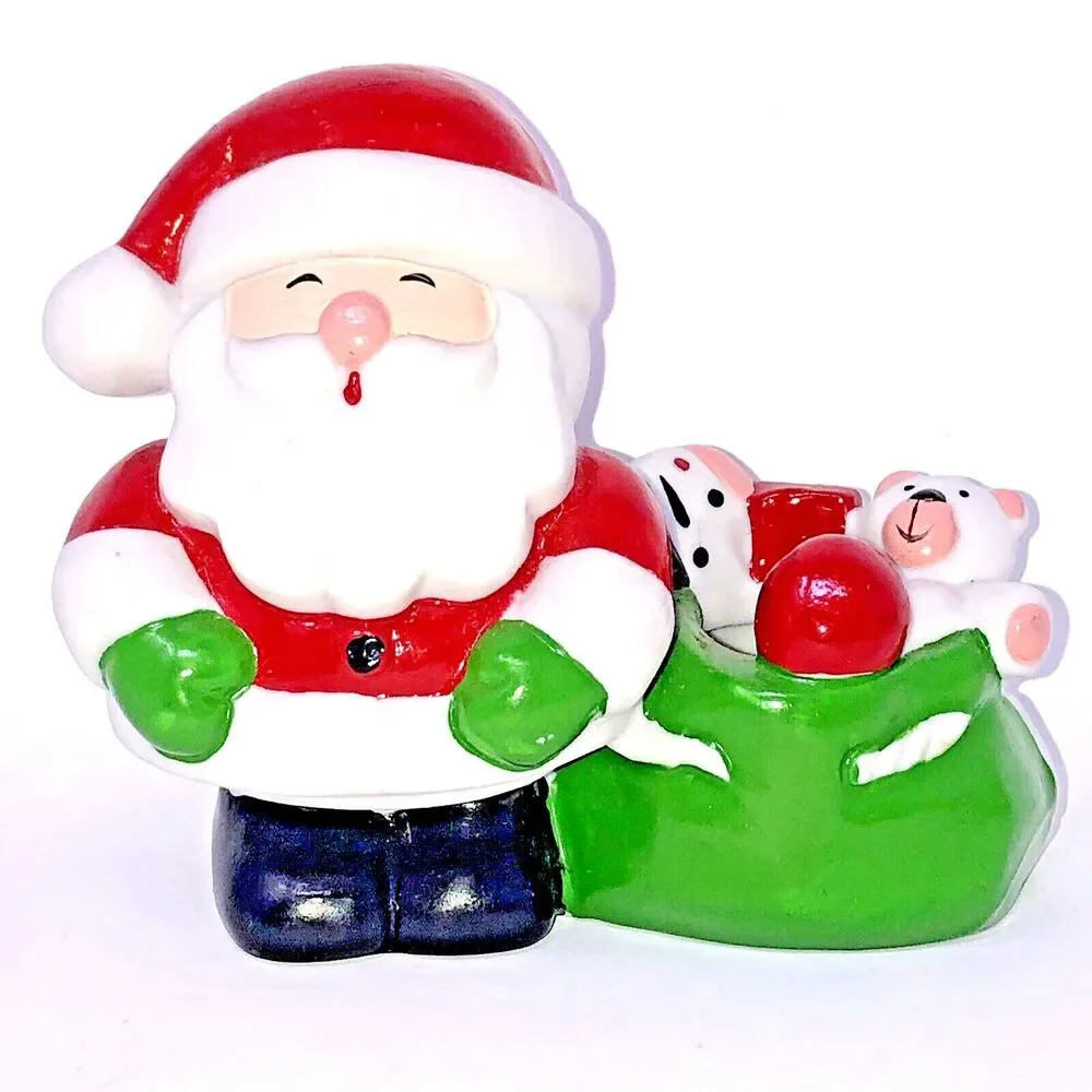 Santa Candle Holder Figurines Vintage Ceramic St Nick w/Sack 80s Taiwan Set of 2